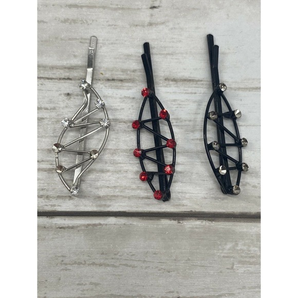 Hair Bobby Pins Clips Rhinestones Crystals Clear Red and Black Silver Set of 3 - Picture 3 of 6